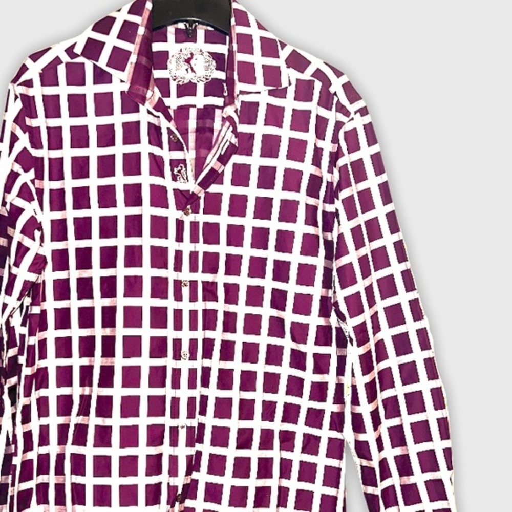 Bugatchi Shaped Fit Buttonup Graph Plaid Dress Shirt Embroidered Logo Sz M